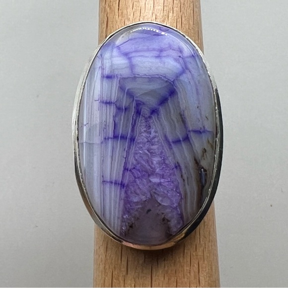 New Purple Enhanced Botswana Agate Dragon Vein Silver Overlay Ring Size 8 - Picture 2 of 9